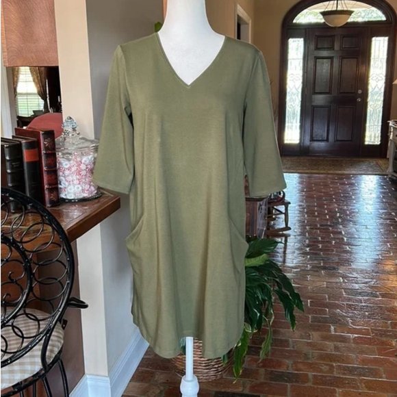 EILEEN FISHER Green Organic cotton Pocketed 3/4 Sleeve V Neck Shift Dress szPM - Picture 4 of 14